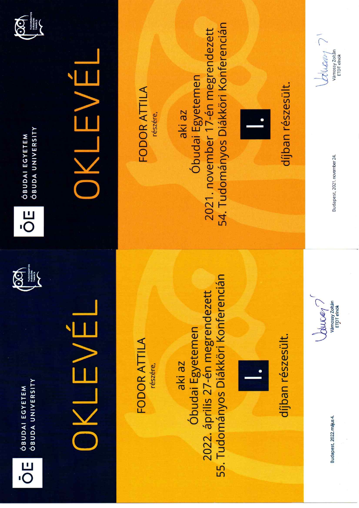 Első helyezett oklevelek